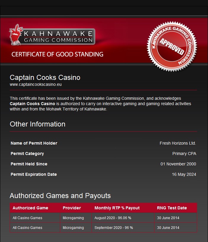 kahnawake captain cooks casino licence